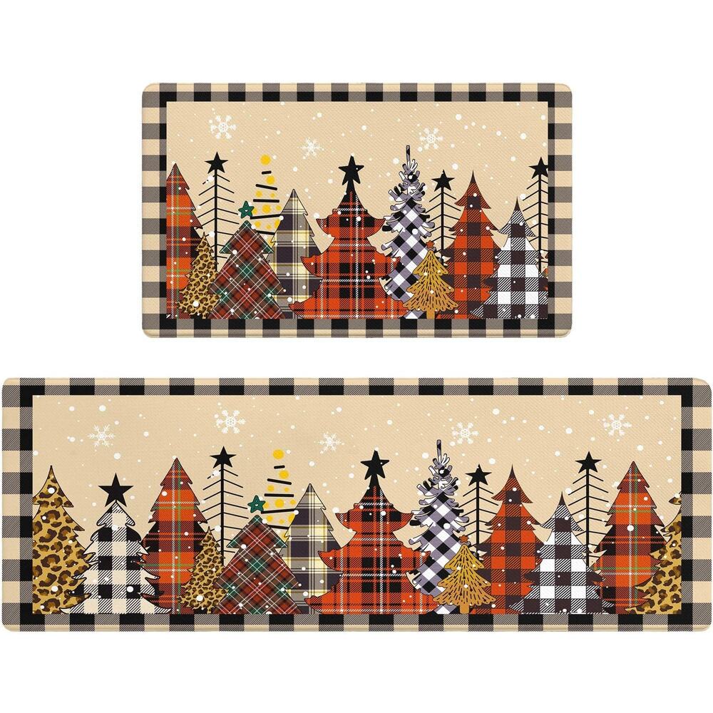 Buffalo Plaid Christmas Trees Kitchen Mats Runner Set Winter Holiday Decor